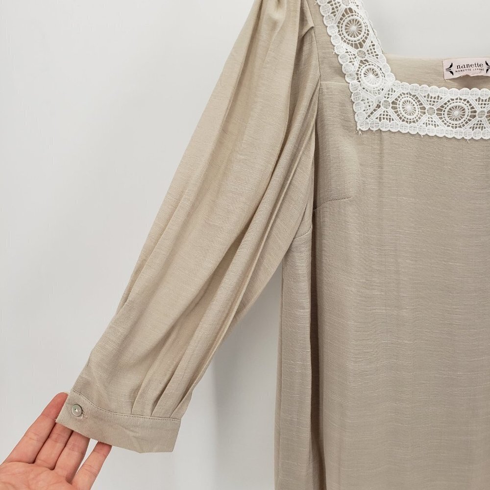 NANETTE LEPORE nwt Square Neck Crocheted Lace Top M Tan Light Stone Neutral Tone - Picture 6 of 10